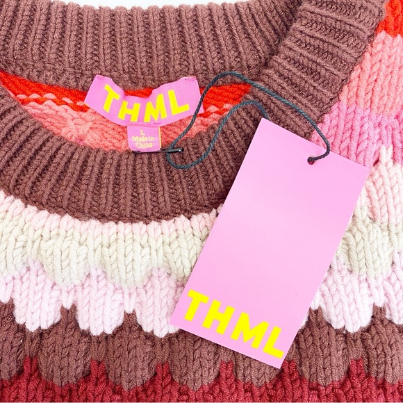 THML Textured Chunky Knit Striped Puffy Crewneck Sweater Red Pink - Picture 12 of 14